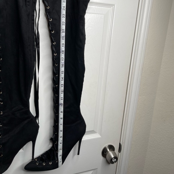 Lace Up Black Thigh High Stiletto Boots - Picture 3 of 14